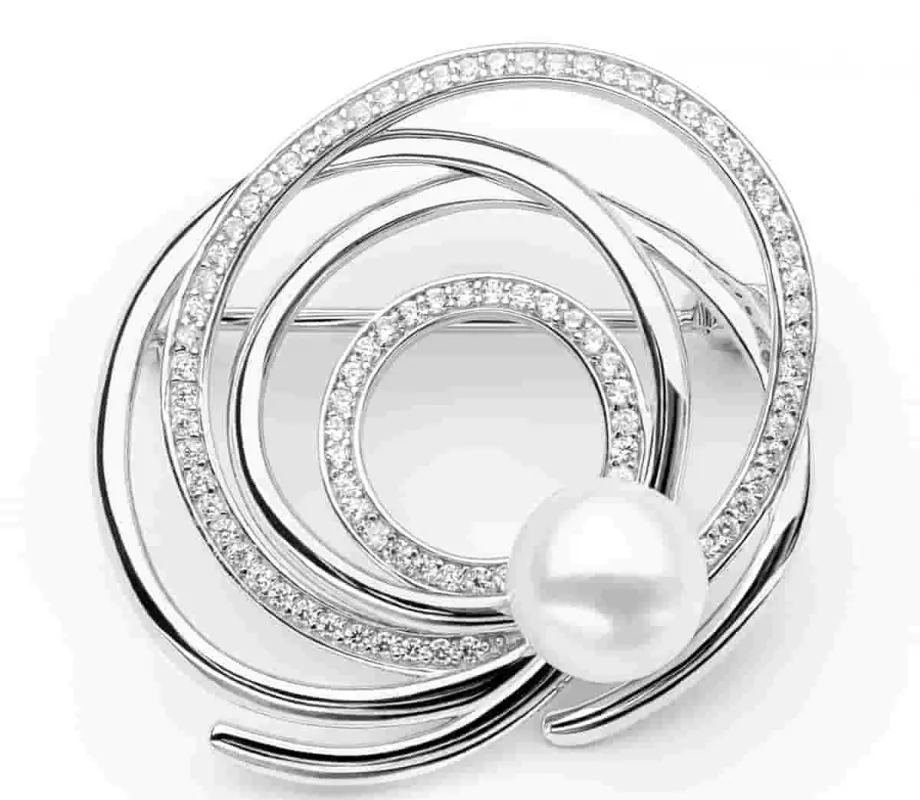 Brosche weiß rund 7.5-8 mm mit Zirkonia, 925er rhodiniertes Silber, Gaura Pearls, Estland Brosche weiß rund 7.5-8 mm mit Zirkonia, 925er rhodiniertes Silber, Gaura Pearls, Estland